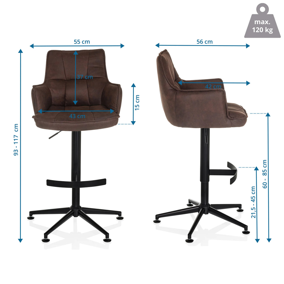 Disegno tecnico dello Sgabello da bar SOLAO LIFE HIGH con un'altezza totale di 93-117 cm di hjh LIVING