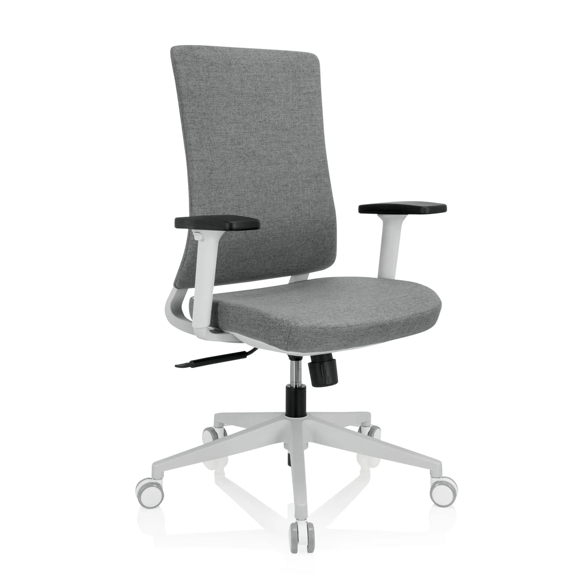 Sedia da ufficio professionale COMFIO WP grigia con braccioli e base bianca a cinque ruote di hjh OFFICE – vista a 360° (vista frontale a tre quarti 40°)