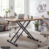 Scrivania Worktime Lift in rovere e nero con struttura a X e ruote di hjh OFFICE
