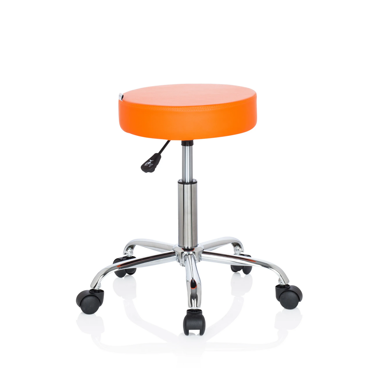 Sgabello girevole arancione OPERATOR II con pistone a gas e base a cinque ruote di hjh OFFICE – vista a 360° (vista frontale a tre quarti 40°)