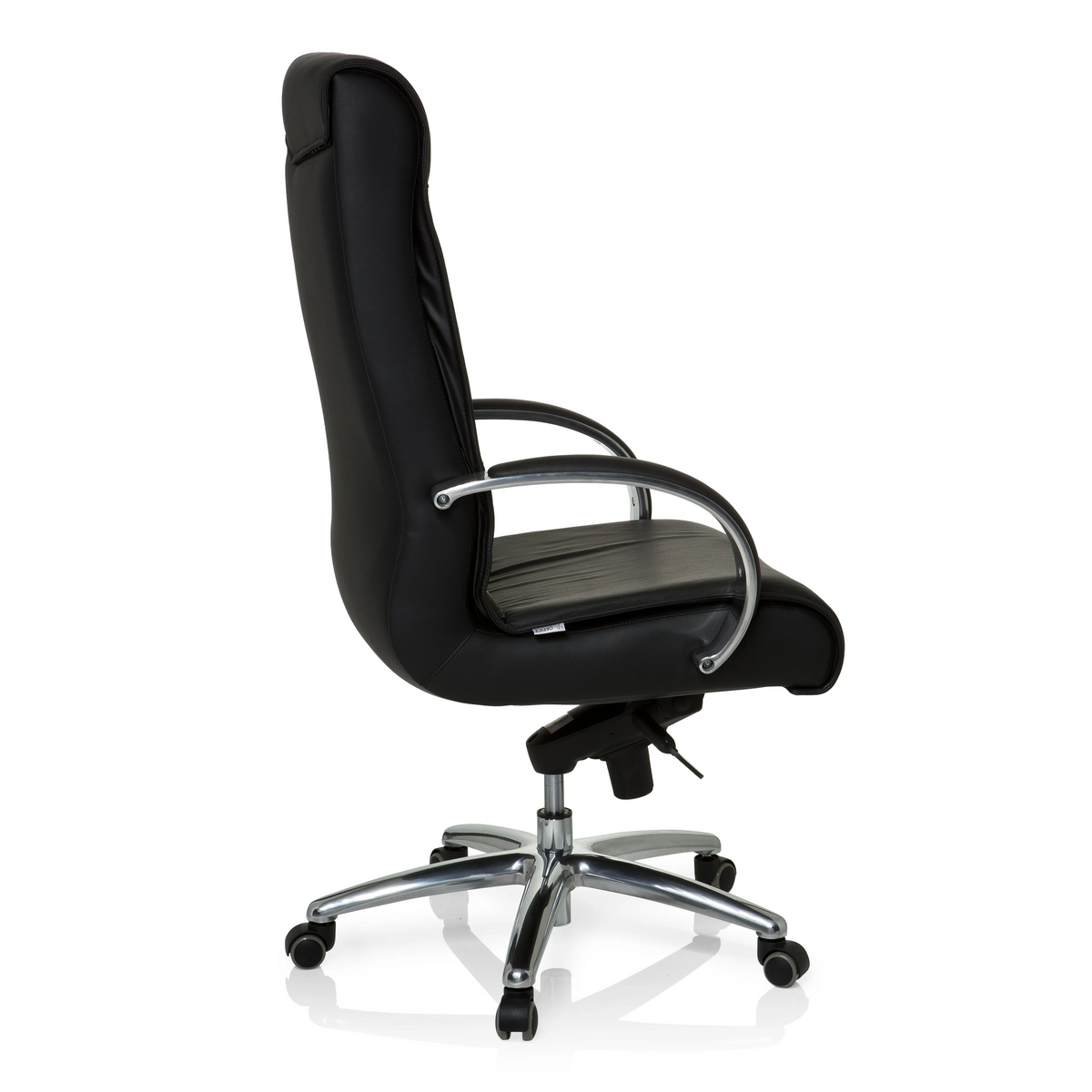 Schwarzer Drehstuhl XXL F 400 aus Leder mit Fußkreuz und fünf Rollen von hjh OFFICE – 360-Grad-Ansicht (Seitenprofil 100°)