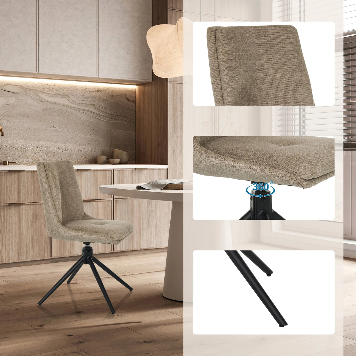 Sedia imbottita beige TARVISO I con rivestimento in tessuto strutturato e base a stella nera di hjh LIVING