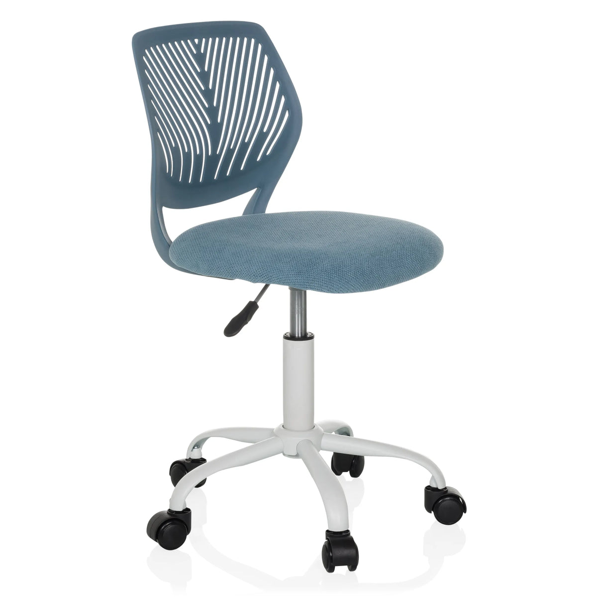 Sedia girevole per bambini KID QW blu con schienale traforato e base bianca a cinque ruote di hjh OFFICE – vista a 360° (vista frontale a tre quarti 45°)