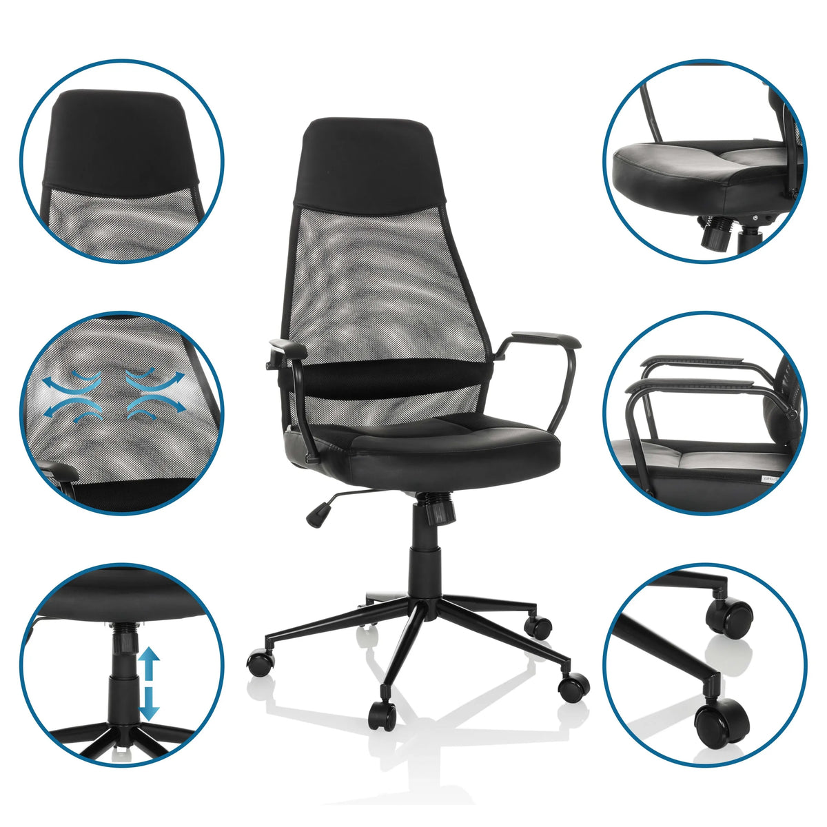 Poltrona Home Office MARCOZ in nero con diverse viste dettagliate di MyBuero