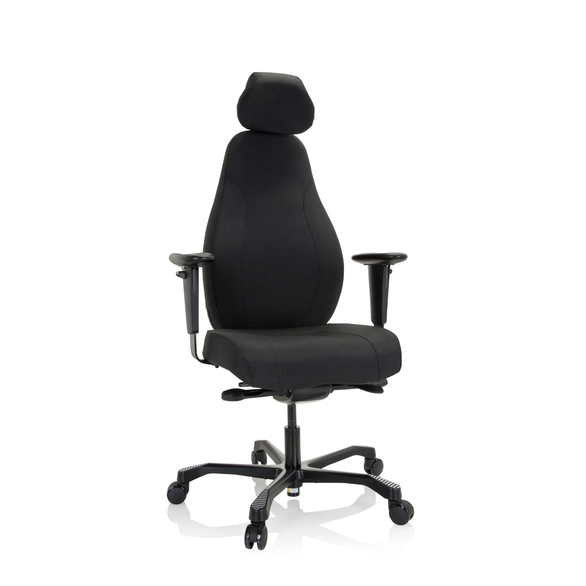 Poltrona professionale RESISTIO XXL nera con poggiatesta e base a cinque ruote di hjh OFFICE – vista a 360° (vista frontale 20°)
