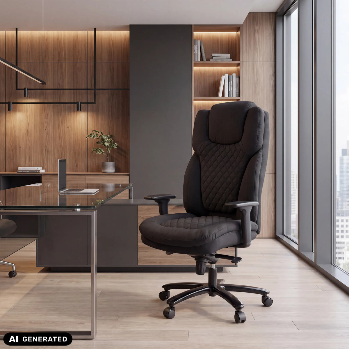 Sedia girevole XXL Pullmann Gen2 nera con rivestimento in tessuto trapuntato e braccioli in un ufficio moderno di hjh OFFICE