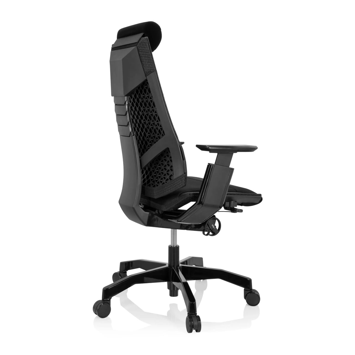 High-end Sedia da ufficio GENIDIA BLACK nera con rivestimento in tessuto e base a cinque ruote di hjh OFFICE – vista a 360° (vista posteriore a tre quarti 120°)