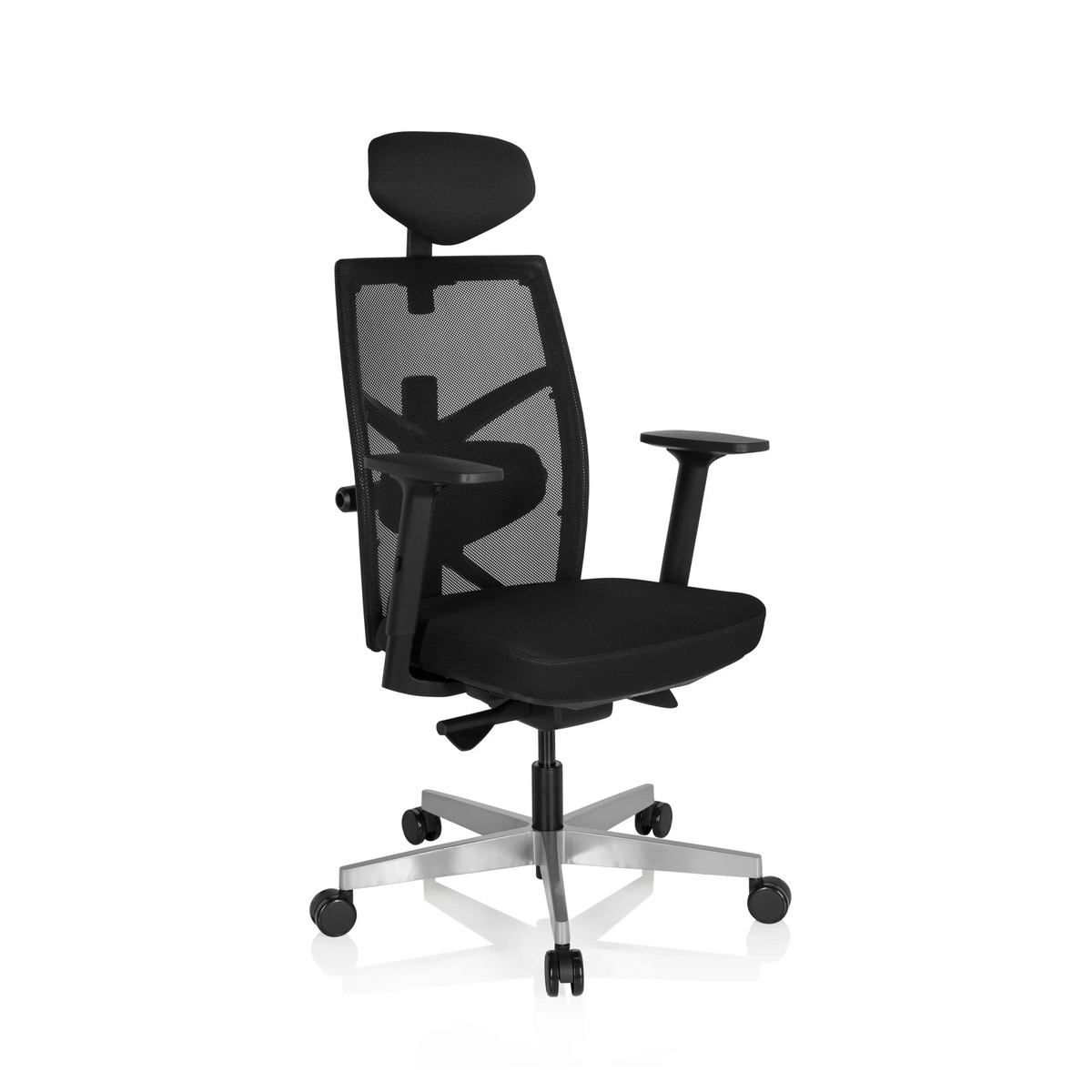 Sedia da ufficio professionale BELLAC nera con schienale in rete, poggiatesta e base a cinque ruote di hjh OFFICE – vista a 360° (vista frontale a tre quarti 40°)