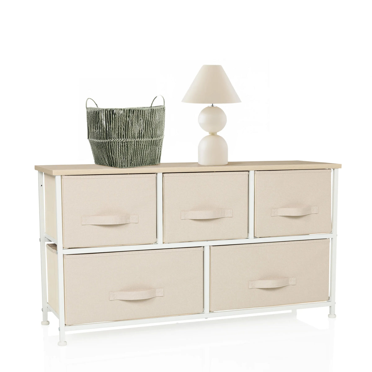 Kommode FOLDAR in Beige mit fünf Stoffschubladen und weißem Gestell von hjh LIVING