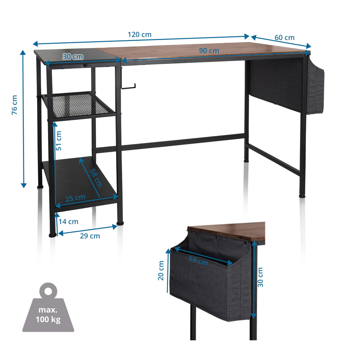 Disegno tecnico della Scrivania WORKSPACE H I con dimensioni 120 × 60 cm e una portata di 100 kg di hjh OFFICE