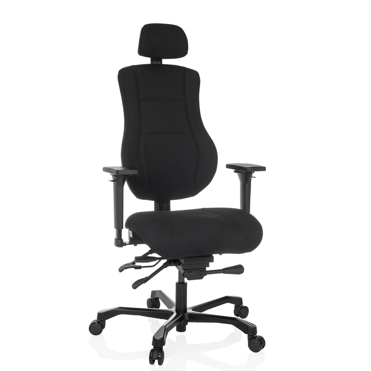 Sedia girevole XXL 24 HOURS BASIC nera con poggiatesta e base a cinque ruote di hjh OFFICE – vista a 360° (vista frontale 15°)