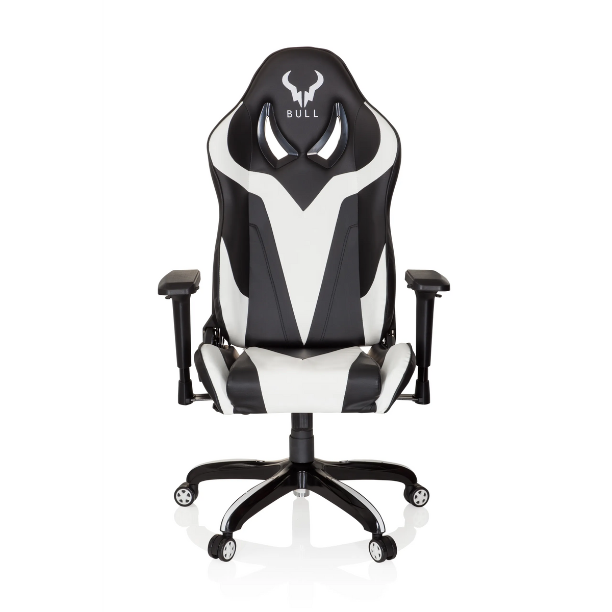 Sedia da gaming PROMOTER I bianca e nera con braccioli e base a cinque ruote di hjh OFFICE – vista a 360° (vista frontale 0°)