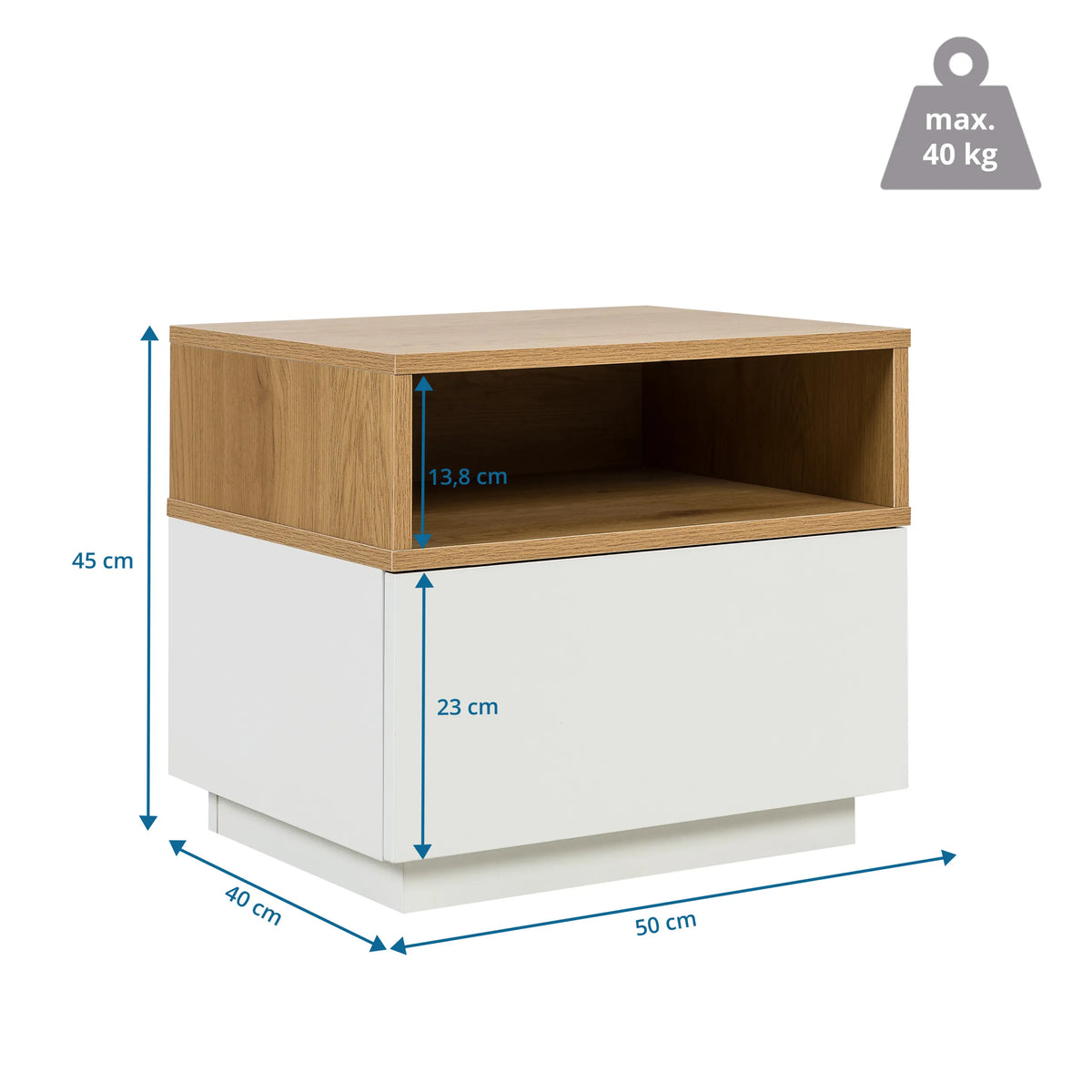 Disegno tecnico del Tavolino MELMO in bianco e rovere, 50 × 40 cm, di hjh LIVING