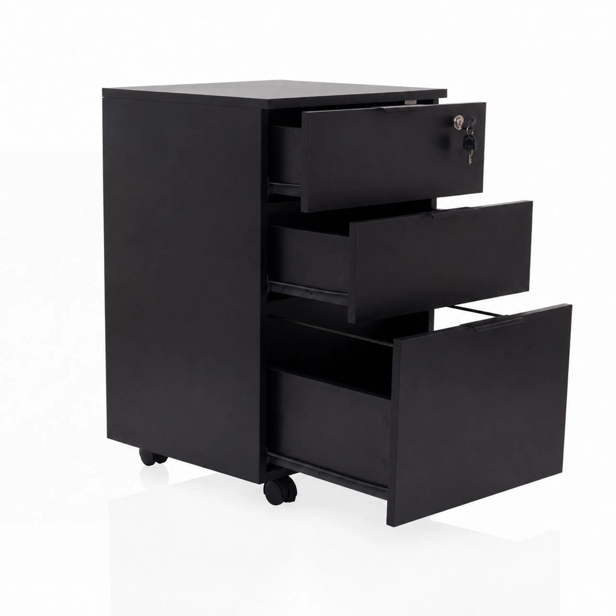 Cassettiera con rotelle DAVIK nera con tre cassetti parzialmente aperti e serratura di hjh OFFICE