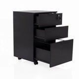 Cassettiera con rotelle DAVIK nera con tre cassetti parzialmente aperti e serratura di hjh OFFICE