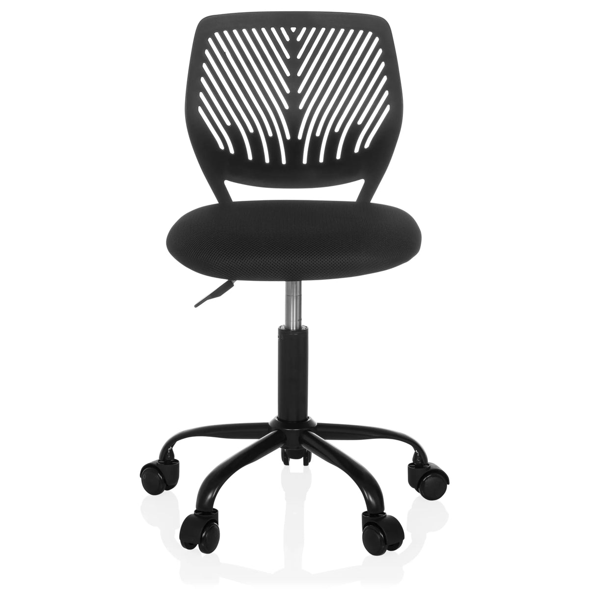 Sedia girevole per bambini KID QB nera con schienale in rete e base a cinque ruote di hjh OFFICE – vista a 360° (vista frontale 0°)