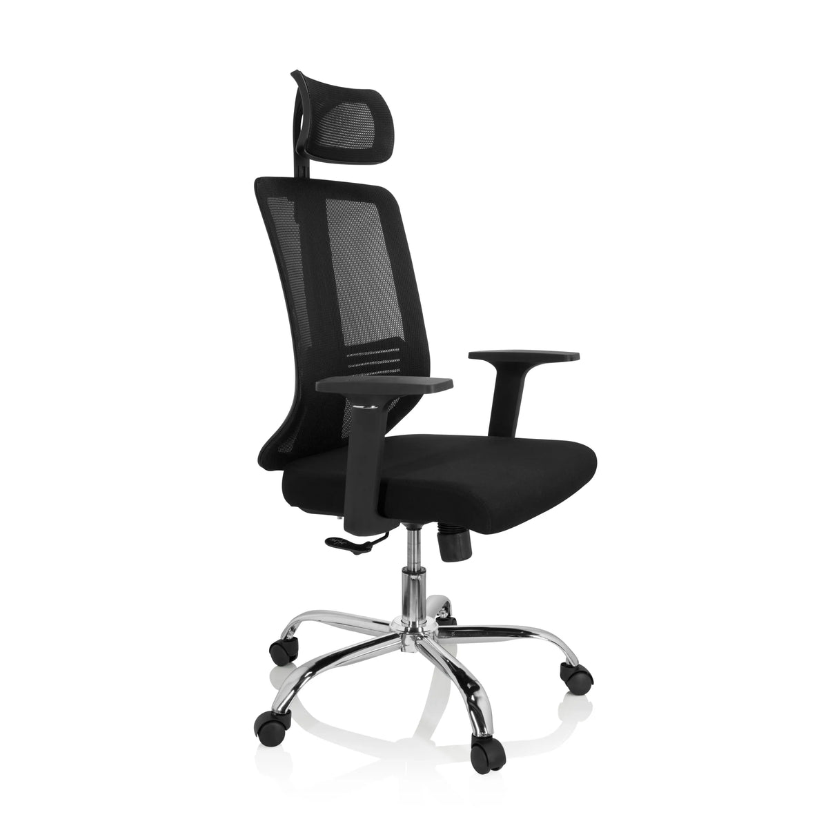 Sedia Home Office ZH 200 nera con schienale in rete e base a cinque ruote di hjh OFFICE – vista a 360° (vista frontale a tre quarti 60°)