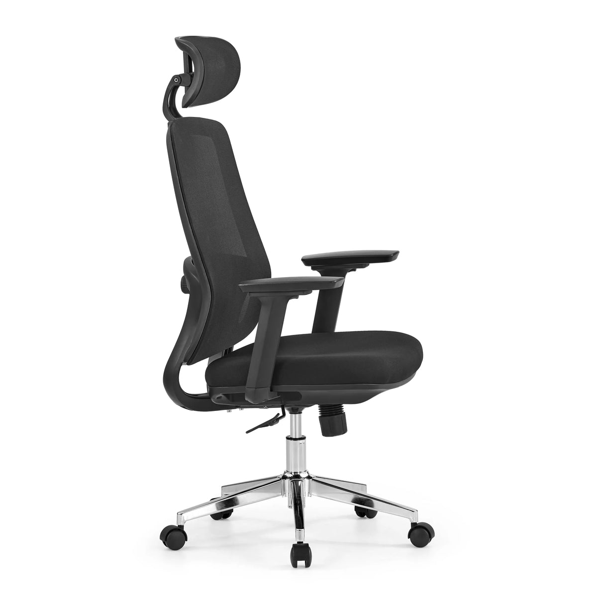 Sedia da ufficio professionale Ergosento nera con schienale in rete, poggiatesta e base a cinque ruote di hjh OFFICE – vista a 360° (profilo laterale 75°)