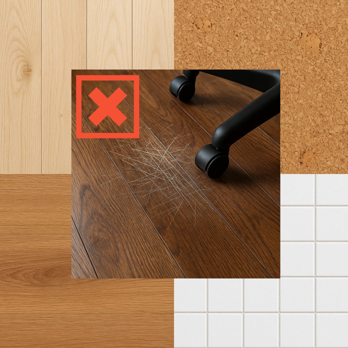 Graffi su un pavimento in legno scuro causati dalle rotelle di una sedia da ufficio senza il tappetino FORTIFLEX di hjh OFFICE