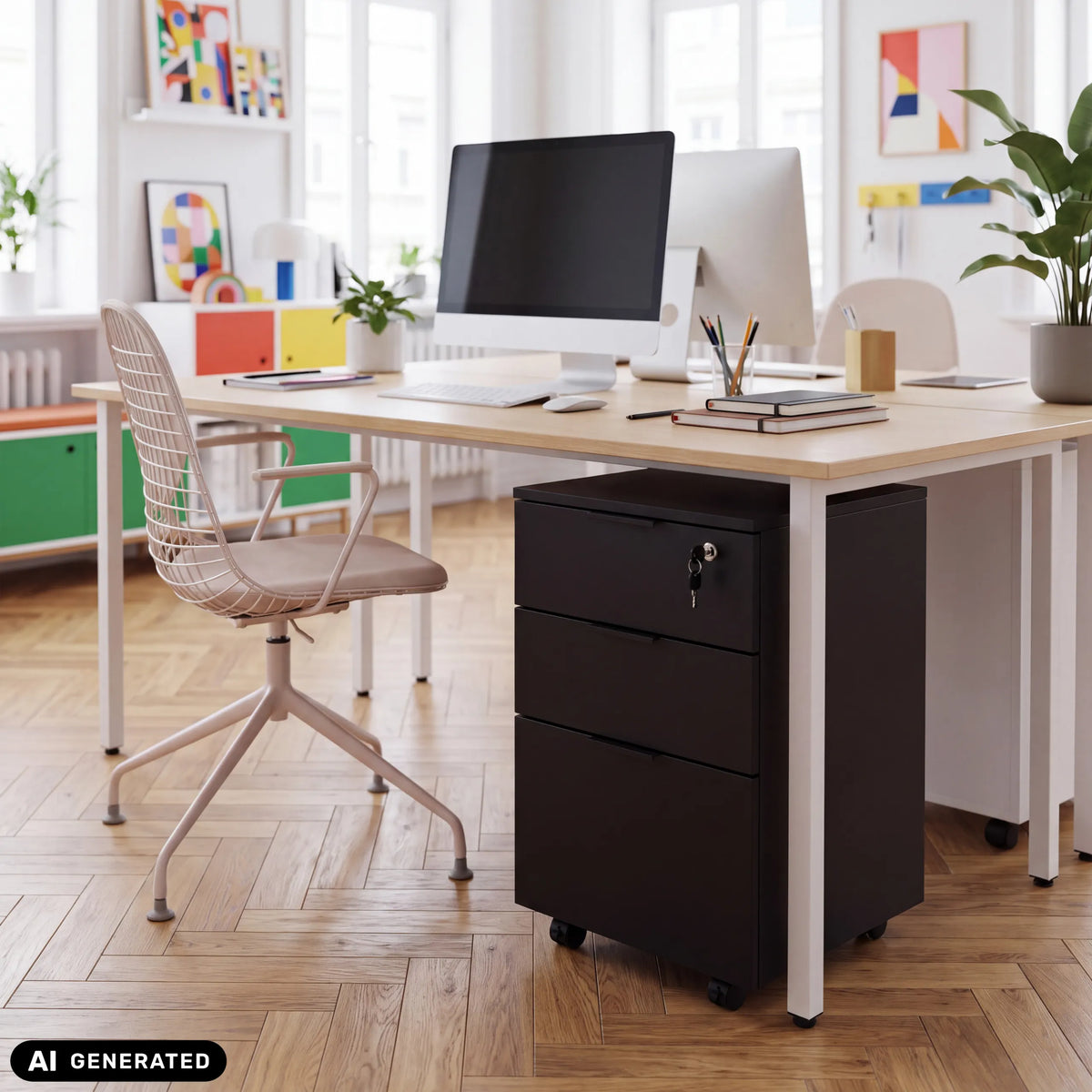 Cassettiera con rotelle DAVIK nera con tre cassetti e serratura di hjh OFFICE
