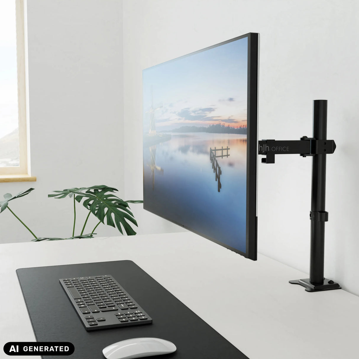Supporto per monitor Ergomount M1 nero con uno schermo fissato a una scrivania di hjh OFFICE (immagine generata dall’IA)