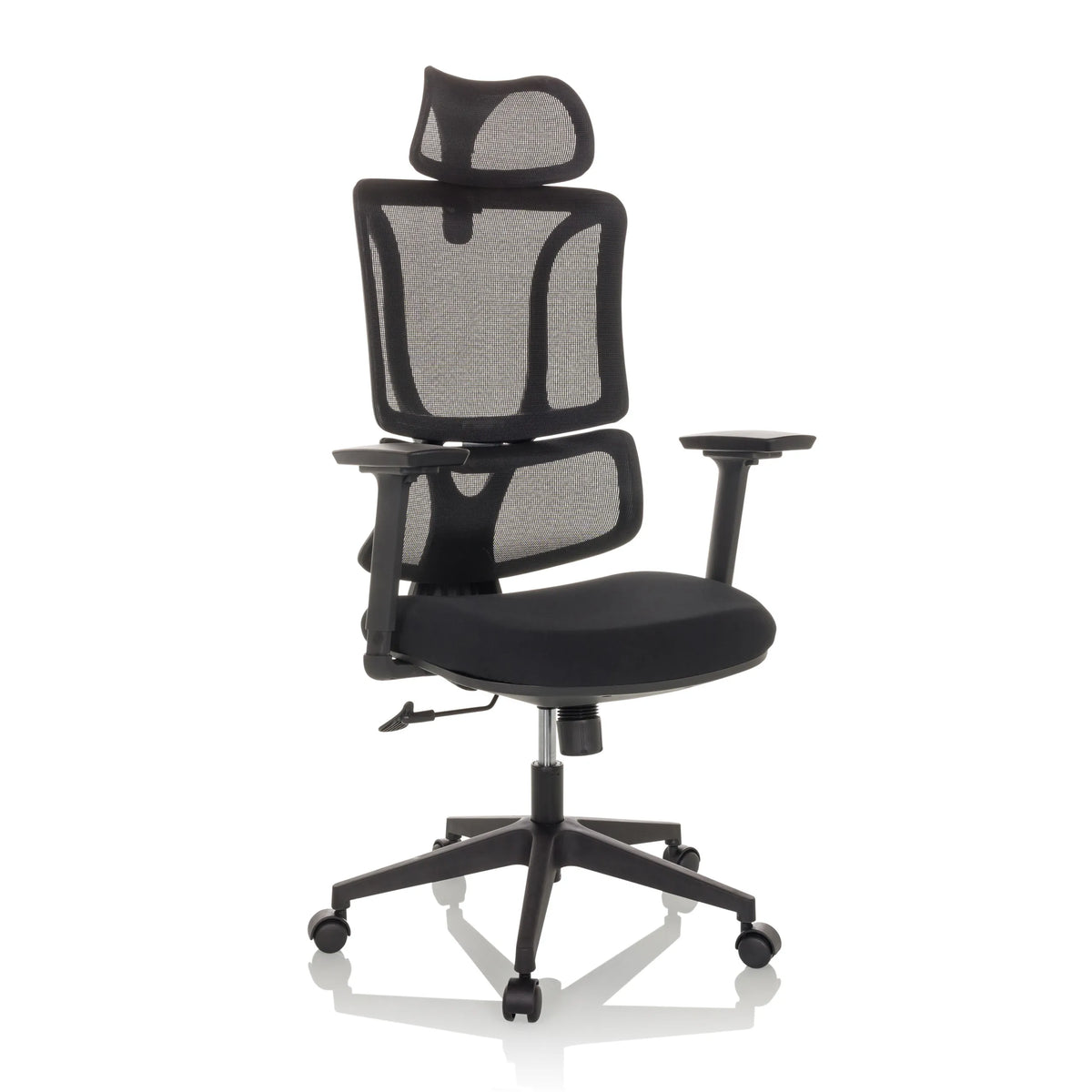 Sedia Home Office ERGOMY nera con schienale in rete e base a cinque ruote di MyBuero – vista a 360° (vista frontale a tre quarti 30°)