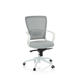 Sedia Home Office ESTRIA grigia con schienale in rete e base a cinque ruote di hjh OFFICE – vista a 360° (vista frontale 20°)