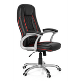 Sedia da gaming RELAX AB100 nera con cuciture decorative rosse, trapuntatura e base a cinque ruote di MyBuero – vista a 360° (vista frontale a tre quarti 60°)