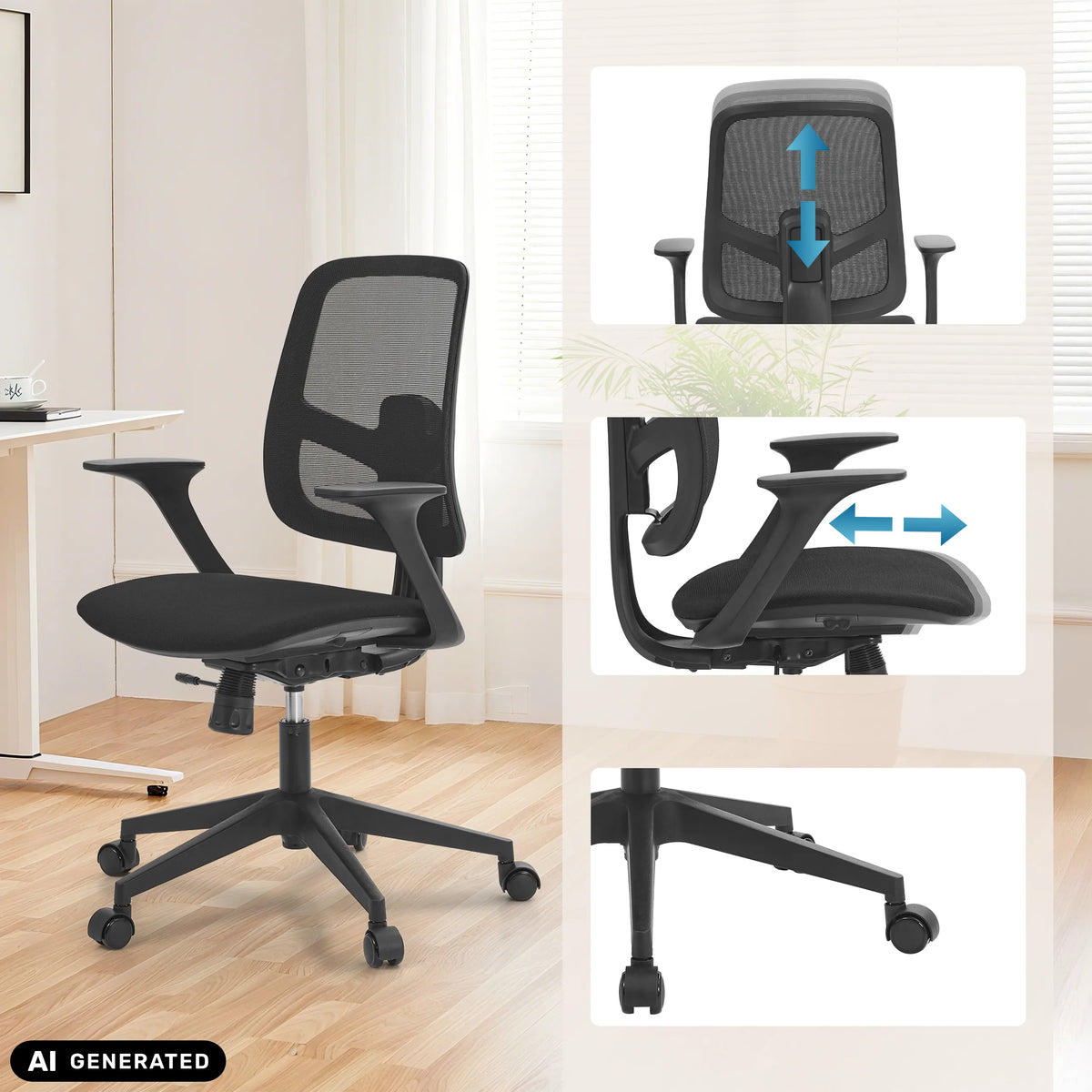 Sedia Home Office Malio in nero con schienale e braccioli regolabili di hjh OFFICE (immagine generata dall’IA)