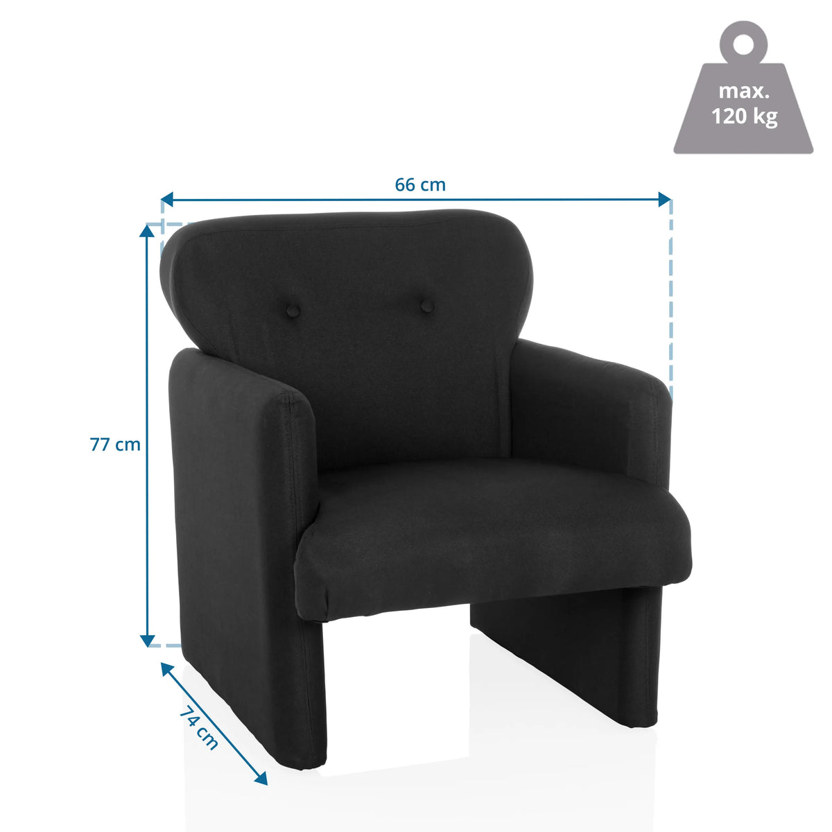 Disegno tecnico della Poltrona Lounge CARIPITO con 66 × 77 cm e una portata massima di 120 kg di hjh LIVING