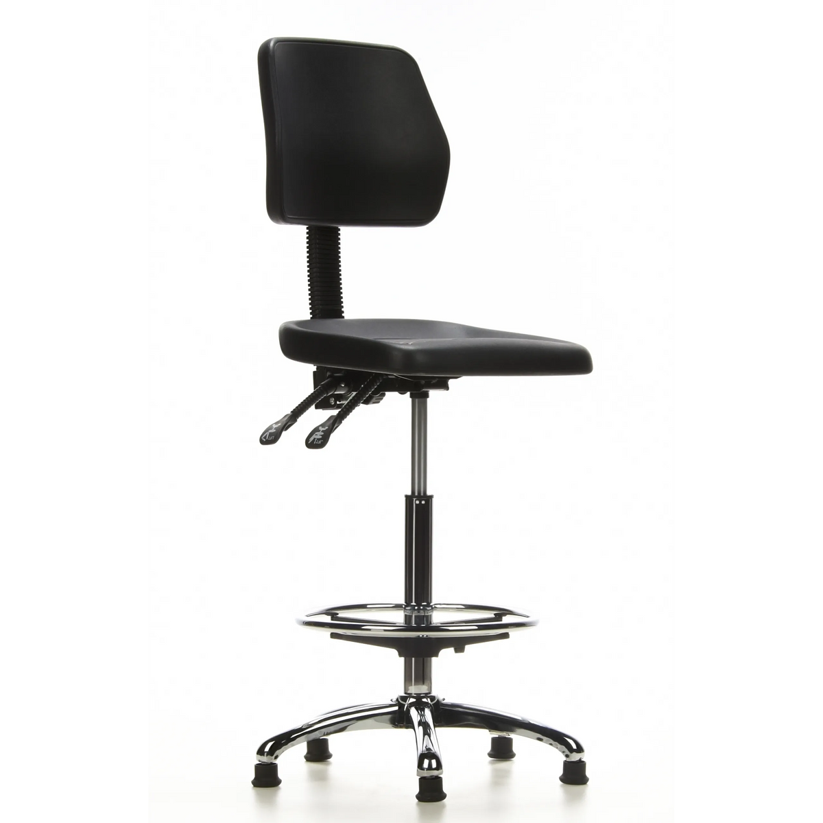 Sedia da banco TOP WORK 11 nera con poggiapiedi e base a cinque razze di hjh OFFICE – vista a 360° (vista frontale a tre quarti 40°)