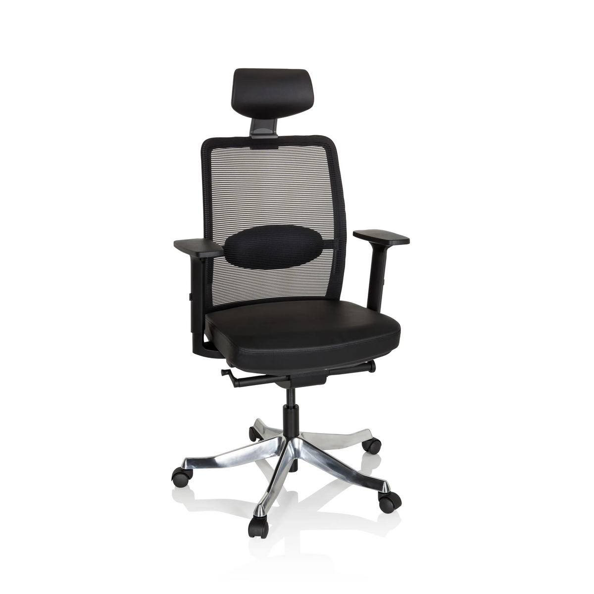 Poltrona di lusso SENATOR PRO nera con schienale in rete, poggiatesta e base a cinque ruote di hjh OFFICE – vista a 360° (vista frontale 20°)