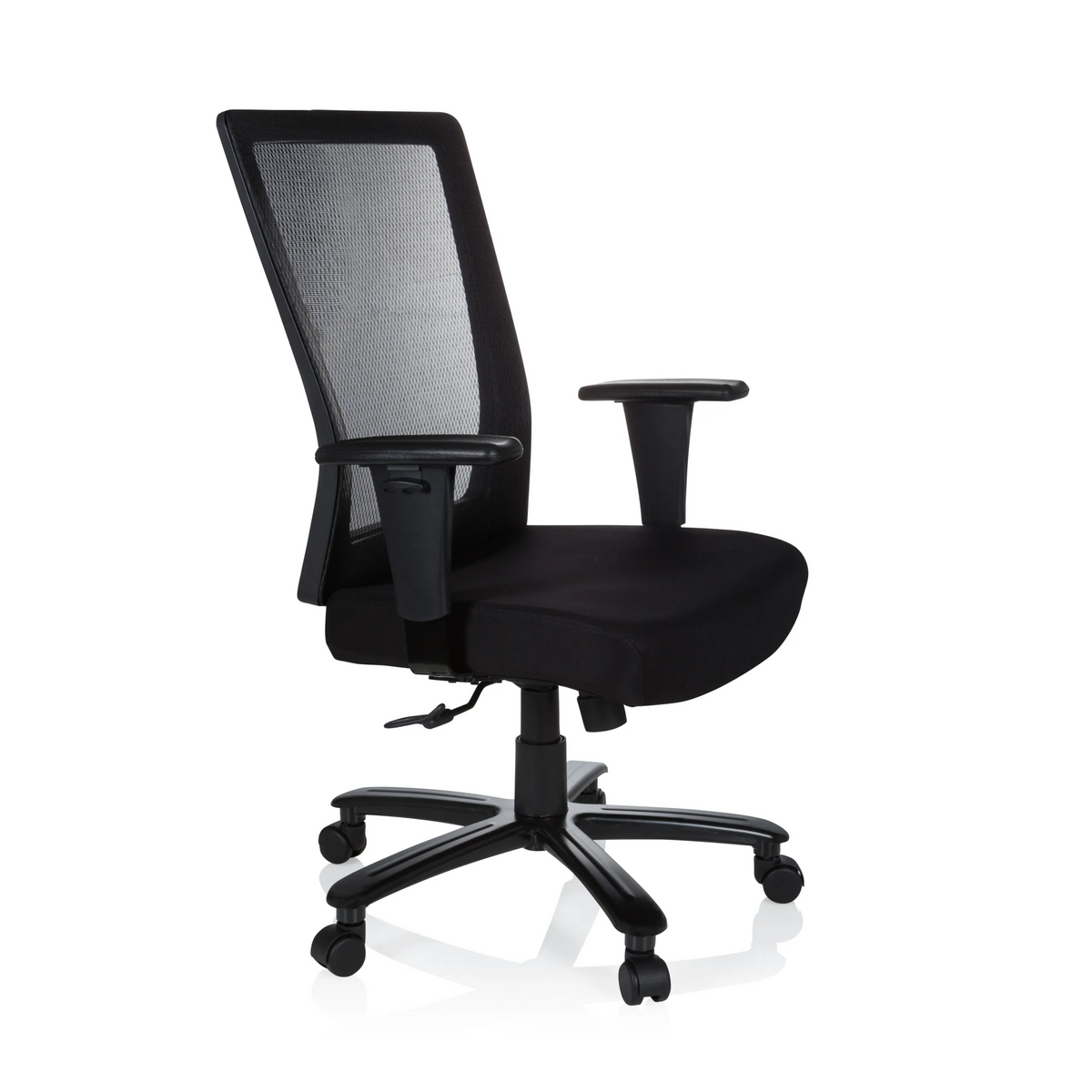 Sedia girevole XXL EXTENDER nera con schienale in rete e base a cinque ruote di hjh OFFICE – vista a 360° (vista frontale a tre quarti 60°)