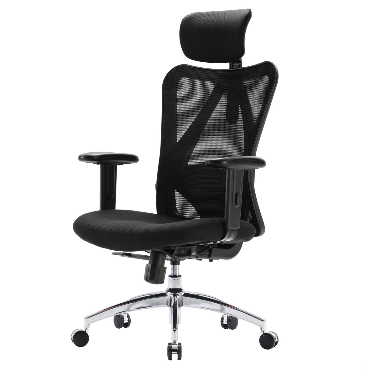 Sedia da ufficio professionale M18-M148 nera con schienale in rete, poggiatesta e base lucida di Sihoo