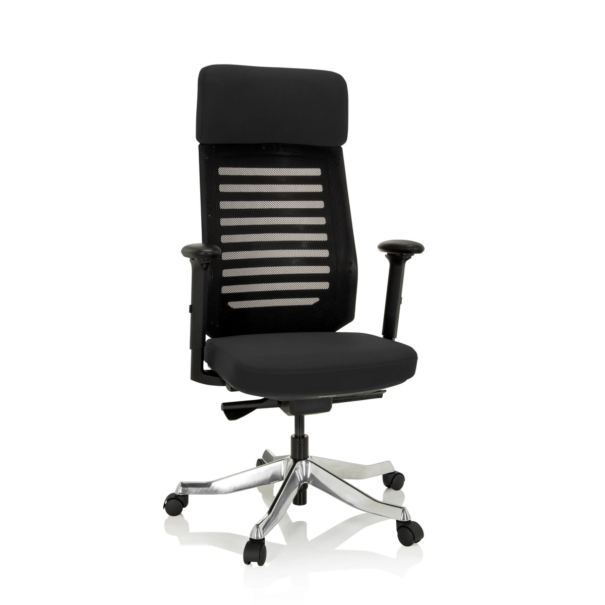 Sedia da ufficio professionale ASGON nera con schienale in rete e base a cinque ruote di hjh OFFICE – vista a 360° (vista frontale 20°)