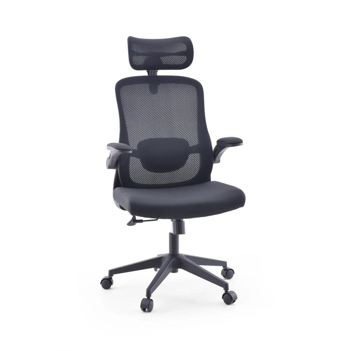 Sedia Home Office Vertuflex nera con schienale in rete e base a cinque ruote di MyBuero – vista a 360° (vista frontale 15°)