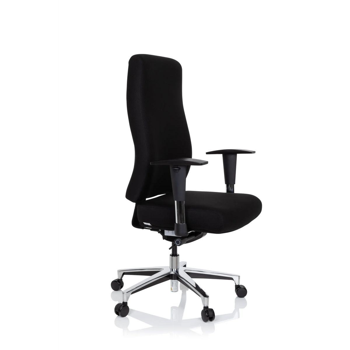 Sedia da ufficio professionale FORCOM nera con braccioli e base a cinque ruote di hjh OFFICE – vista a 360° (vista frontale a tre quarti 60°)