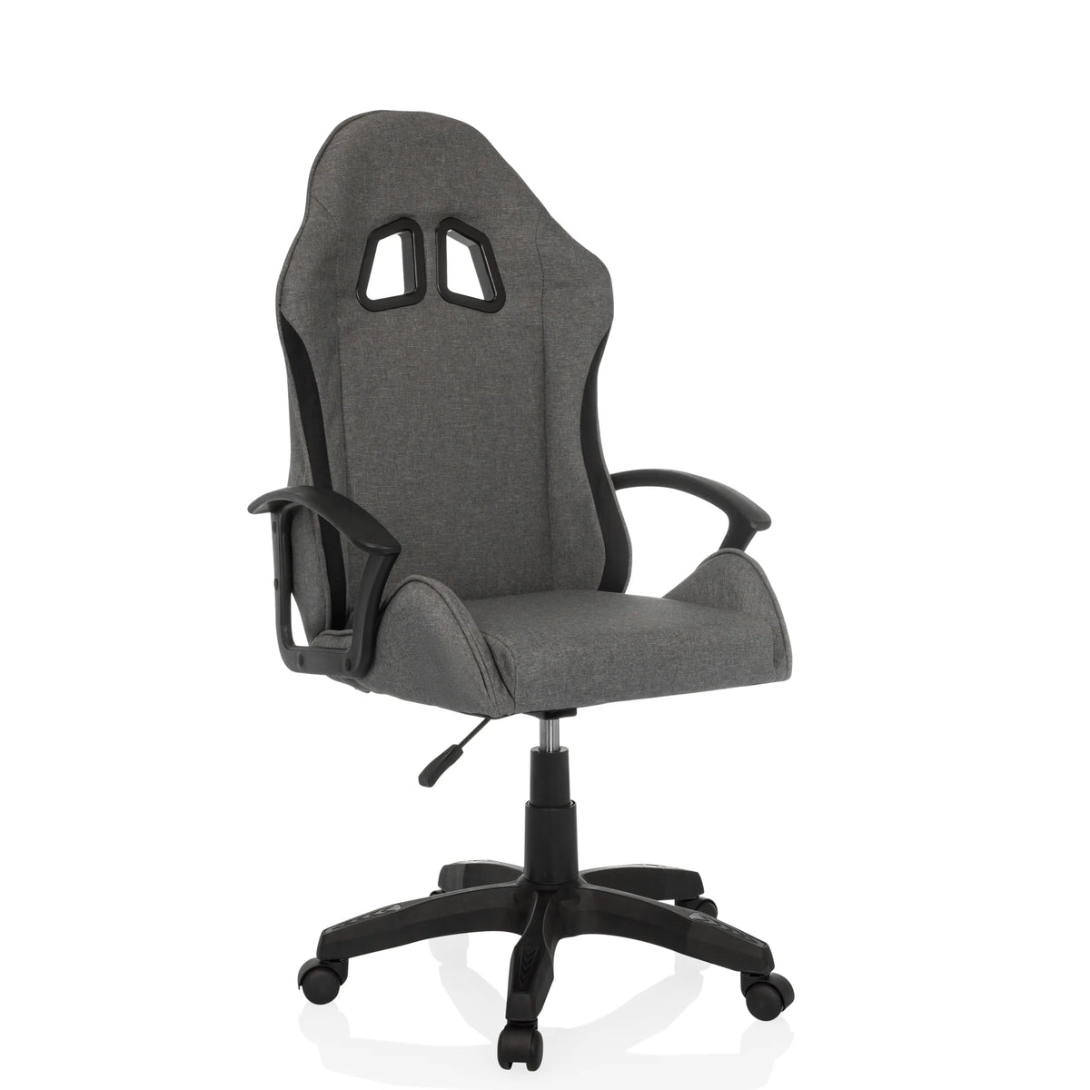 Sedia da gaming GAMEBREAKER W01 grigia con due aperture per il poggiatesta e base a cinque ruote di MyBuero – vista a 360° (vista frontale a tre quarti 30°)