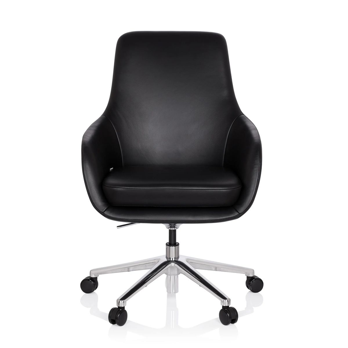 Poltrona professionale BARENO nera con rivestimento in pelle e base a cinque ruote di hjh OFFICE – vista a 360° (vista frontale 0°)