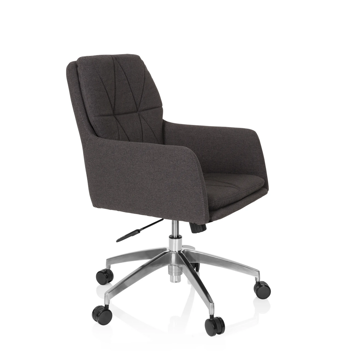 Sedia Home Office SHAKE 350 grigio scuro con motivo trapuntato e base a cinque ruote di hjh OFFICE – vista a 360° (vista frontale a tre quarti 60°)