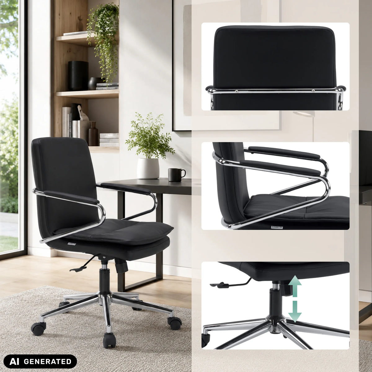 Sedia Home Office Rovento nera con braccioli e base a rotelle cromata di hjh OFFICE