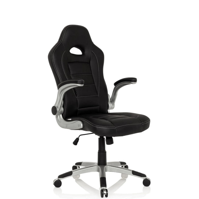 Schwarzer Gamingstuhl GAME SPORT mit silbernen Armlehnen und einem Fußkreuz auf Rollen von hjh OFFICE