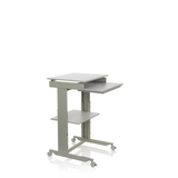 Grauer Stehschreibtisch WORKSTATION mit Ablagefläche und vier Rollen von hjh OFFICE – 360-Grad-Ansicht (schräge Frontansicht 60°)