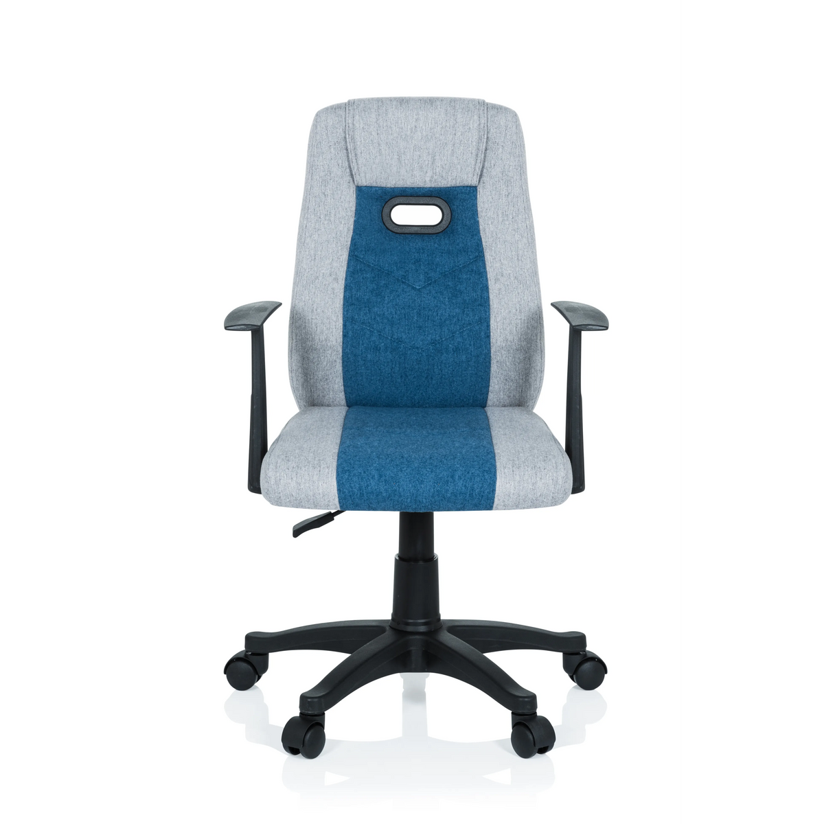 Grau-blauer Kinderdrehstuhl KIDDY EXTRA mit Armlehnen und Fußkreuz mit fünf Rollen von hjh OFFICE – 360-Grad-Ansicht (Frontansicht 0°)