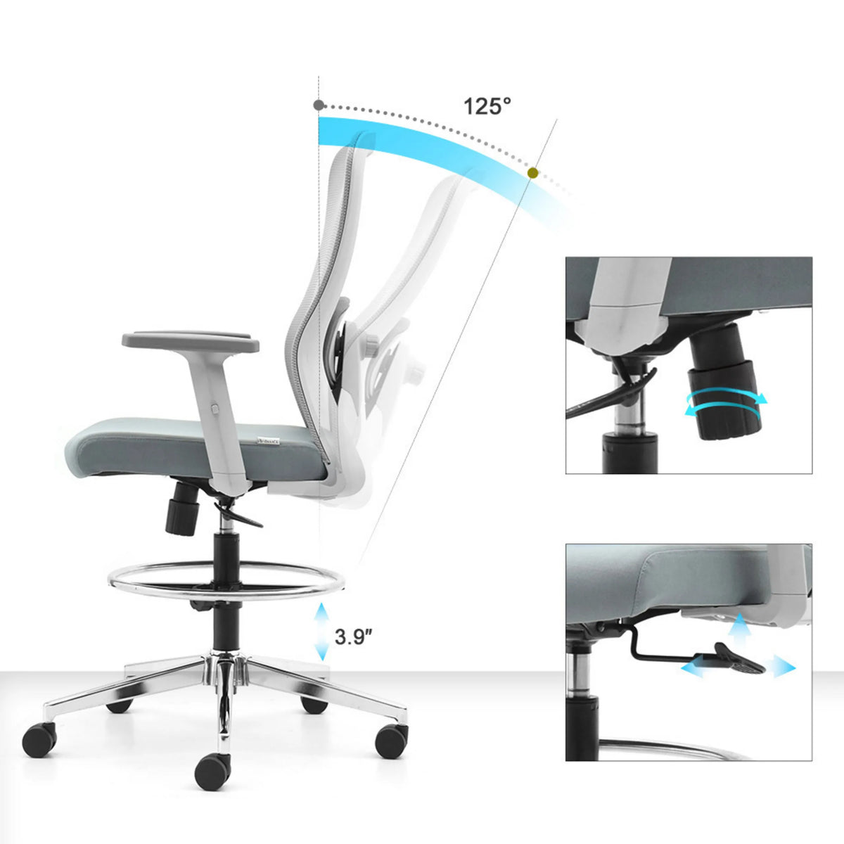 Meccanismi di regolazione della sedia da banco Top Work 44 W con inclinazione dello schienale di 125° e regolazione altezza 3.9" di hjh OFFICE