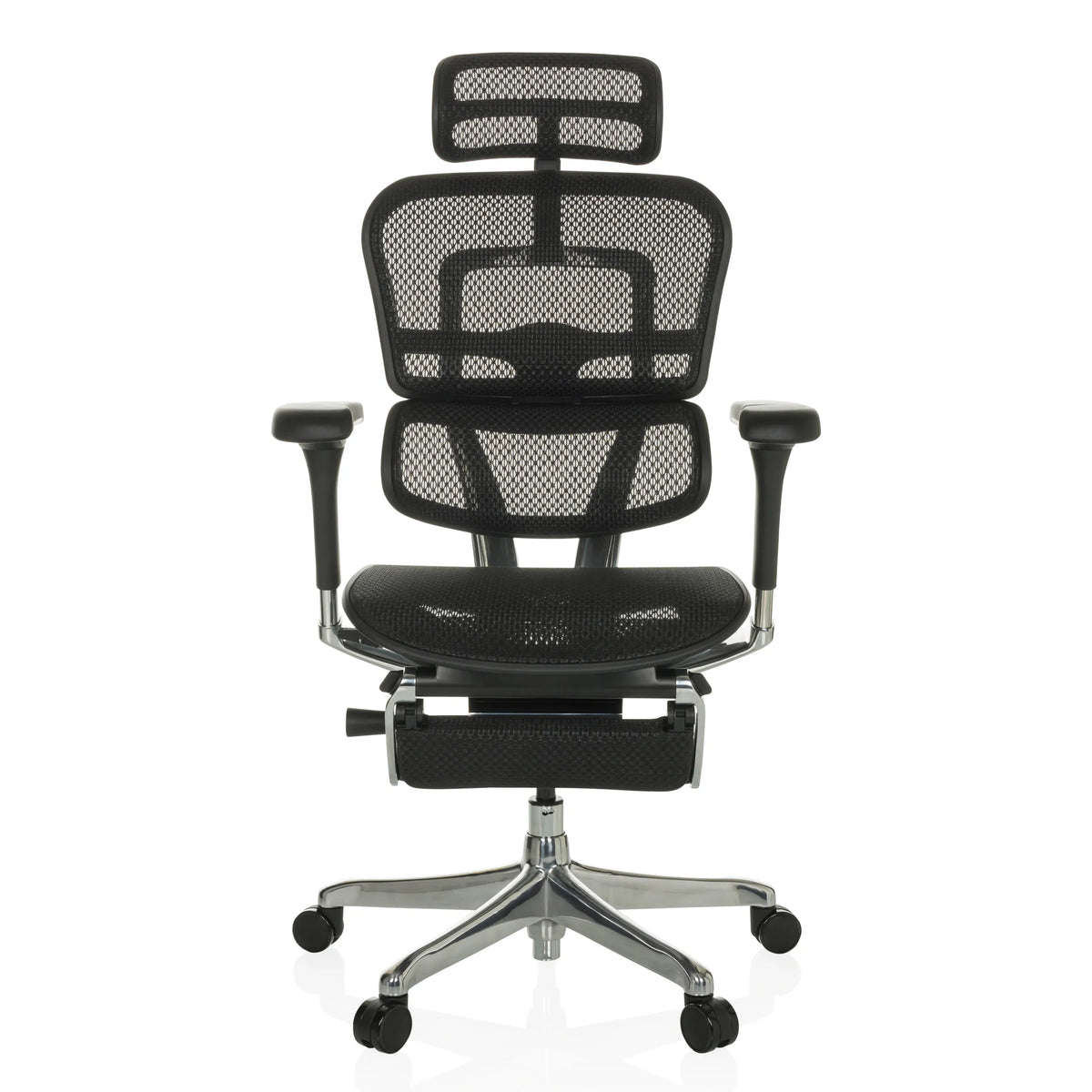 Poltrona di lusso ERGOHUMAN PLUS LEGPRO GEN2 nera con rete e base a cinque ruote di hjh OFFICE – vista a 360° (vista frontale 0°)