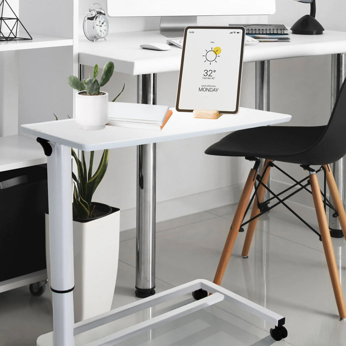 Piano bianco della Scrivania in piedi STAND II con gamba regolabile e ruote di hjh OFFICE