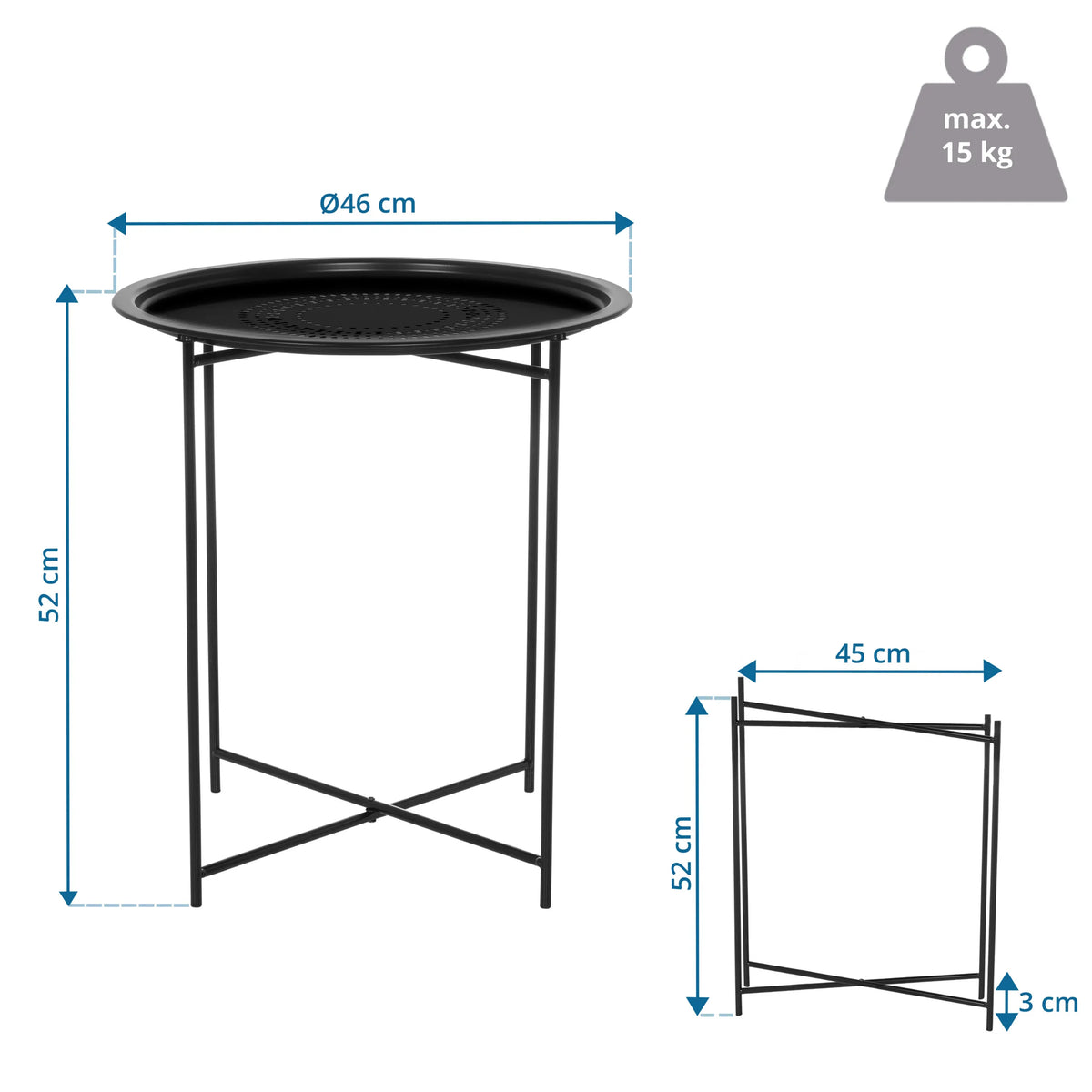 Disegno tecnico del Tavolino ALLRUND con diametro di 46 cm e altezza di 52 cm di hjh LIVING