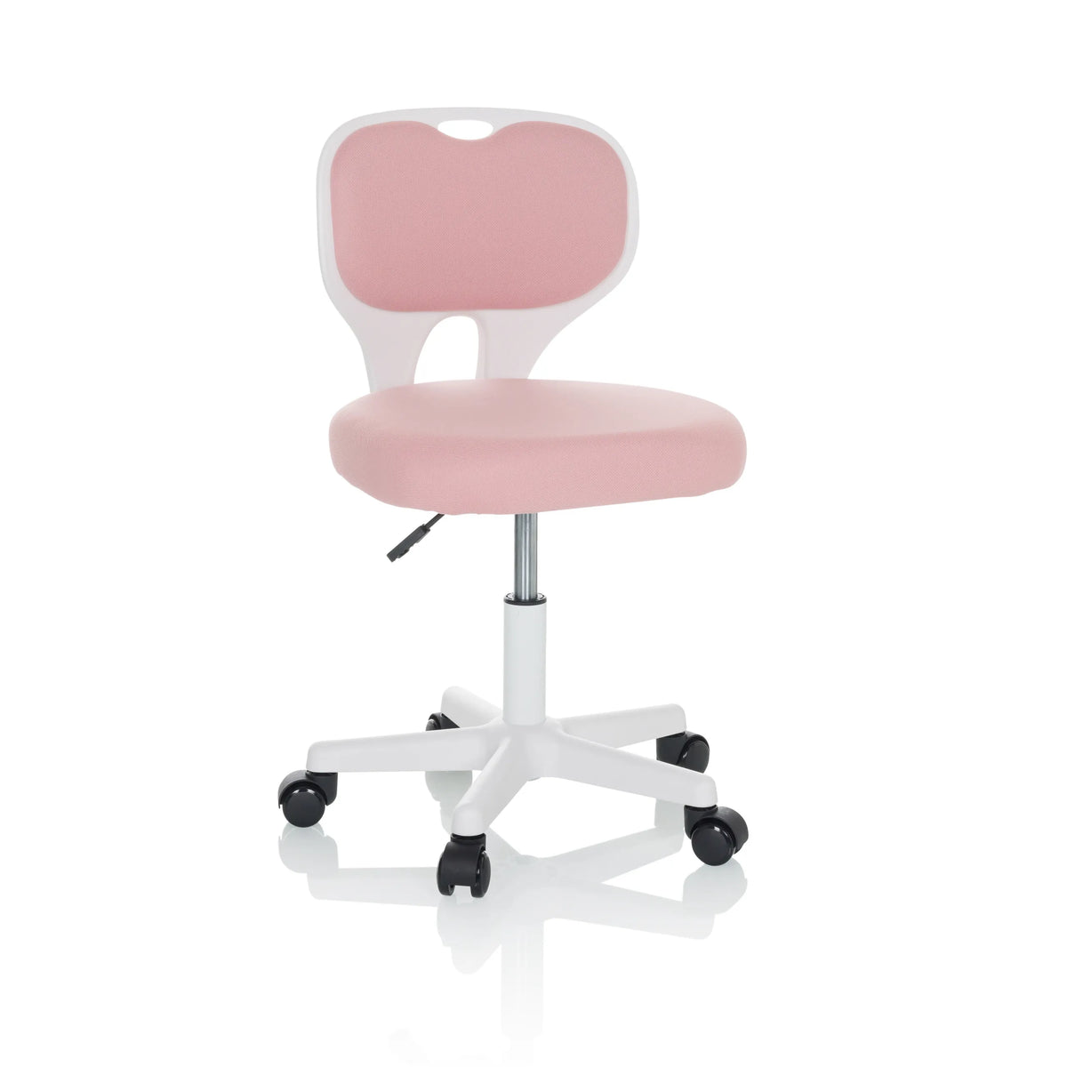Rosa Kinderdrehstuhl KIDDY TOP W mit weißem Gestell und Fußkreuz mit fünf Rollen von hjh OFFICE – 360-Grad-Ansicht (Frontansicht 15°)