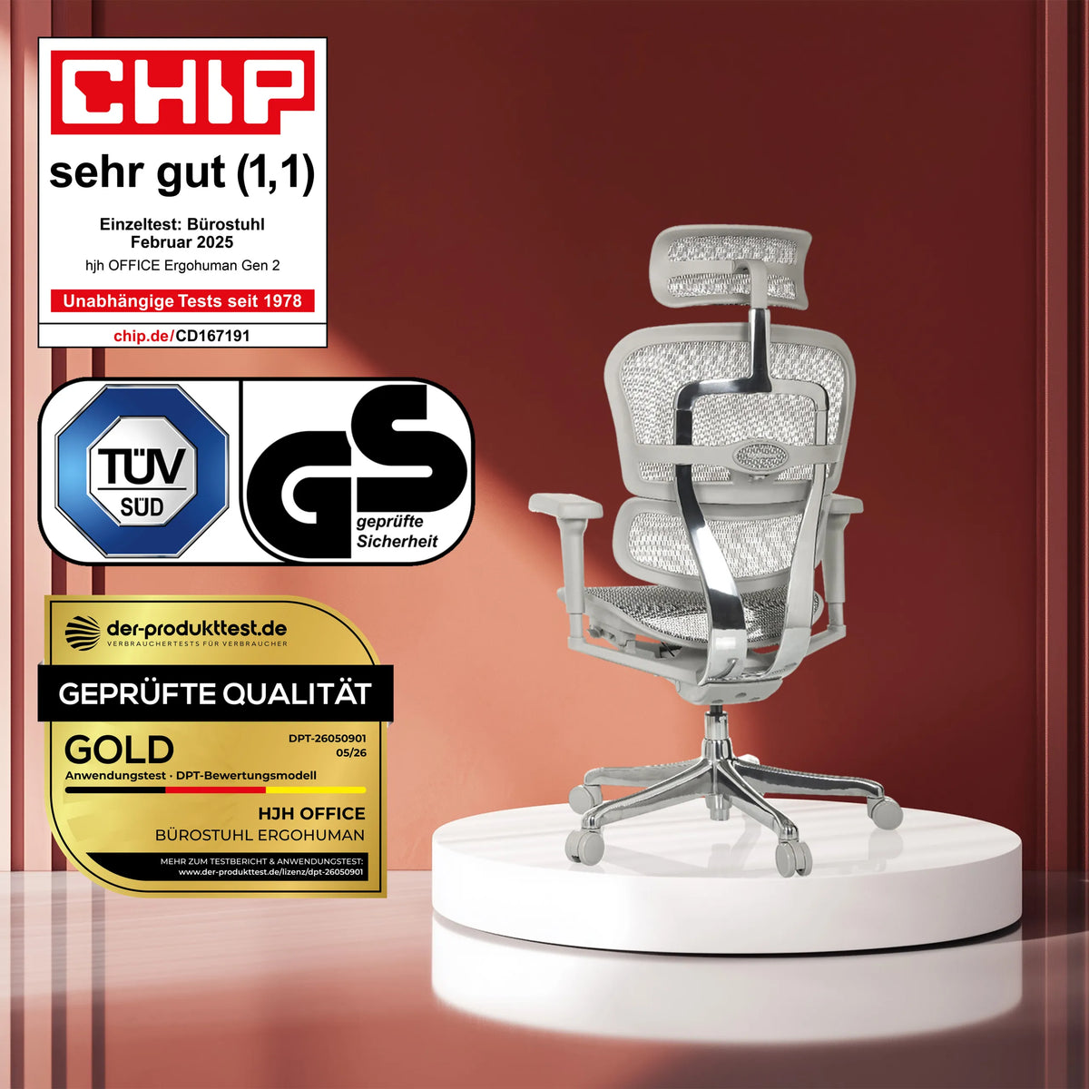 Poltrona di lusso ERGOHUMAN ULTRA G GEN2 in grigio con rivestimento in rete e vari sigilli di certificazione di hjh OFFICE